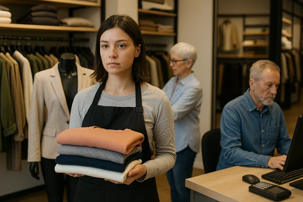 Profissões-Que-Estão-Sumindo-em-2025
Funcionários em uma loja de roupas organizando peças e atendendo no caixa.