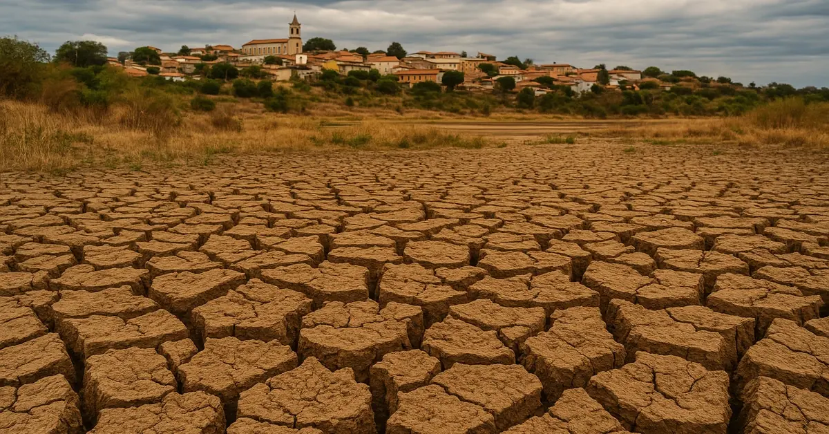 Cidades-Brasileiras-Que-Estão-Sumindo-Do-Mapa Terreno seco e rachado com uma cidade ao fundo em risco de desaparecimento