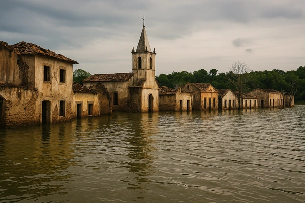 cidades-Brasileiras-que-estão-sumindo-do-mapa
Cidade parcialmente submersa com construções abandonadas e deterioradas