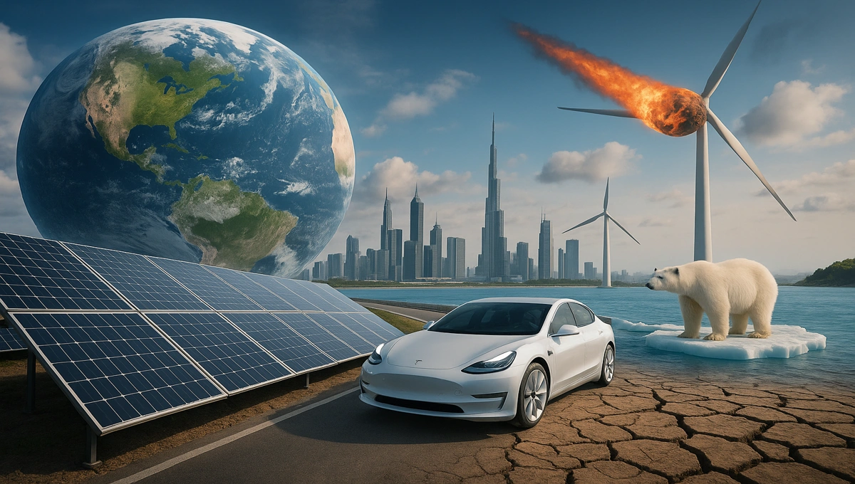 7-Mudanças-Mais-Surpreendentes-No-Planeta Imagem realista mostrando as mudanças mais surpreendentes no planeta em 2025, com cidade futurista, derretimento de geleiras, energia solar e eólica, e transformações ambientais globais.