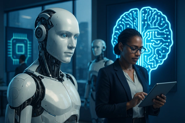 7-Mudanças-Mais-Surpreendestes-No-Planeta
Revolução da inteligência artificial em 2025 com robôs e humanos interagindo