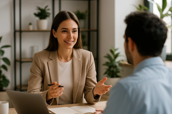 Novas-Profissões-Mais-Bem-Pagas
Mulher gesticulando enquanto conversa com colega em reunião de escritório sobre bem-estar corporativo