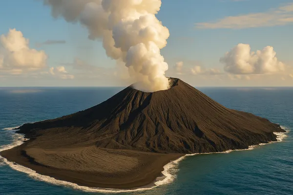 Ilha Misteriosa No Oceano Pacífico.
Formação de uma nova ilha vulcânica surgindo no meio do oceano, com vapor e rochas escuras.