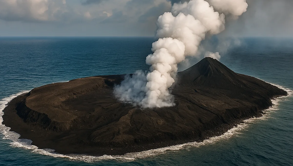 Ilha misteriosa no Oceano Pacífico 2025 surgindo após atividade vulcânica, vista em imagem aérea realista