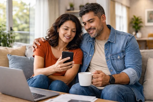 Casal brasileiro em ambiente doméstico tranquilo, representando adaptação positiva às mudanças do cotidiano
