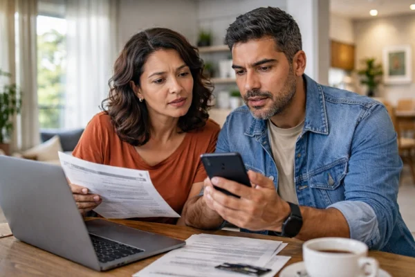 Casal brasileiro realizando atividade digital cotidiana em casa, refletindo mudanças nos hábitos do dia a dia