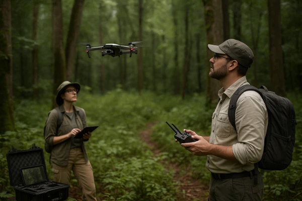 Lugares Misteriosos Descobertos Este Ano — cientistas usando drones para investigar uma área remota na floresta.