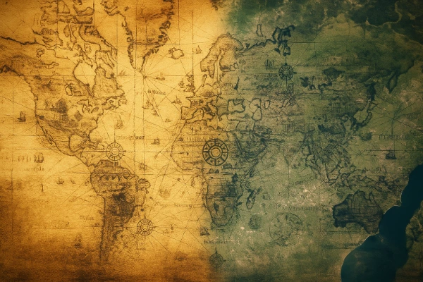 Lugares Misteriosos Descobertos Este Ano — mapa antigo combinado com imagem atual de satélite.