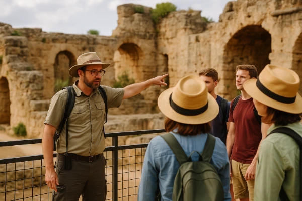 ugares Misteriosos Descobertos Este Ano — turistas explorando ruínas antigas com guia especializado.