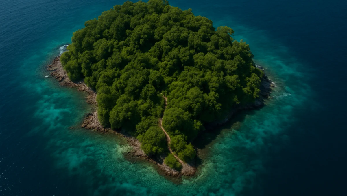 Lugares Misteriosos Descobertos Este Ano - vista aérea de uma ilha isolada cercada por águas cristalinas e vegetação densa, transmitindo mistério e beleza natural.
