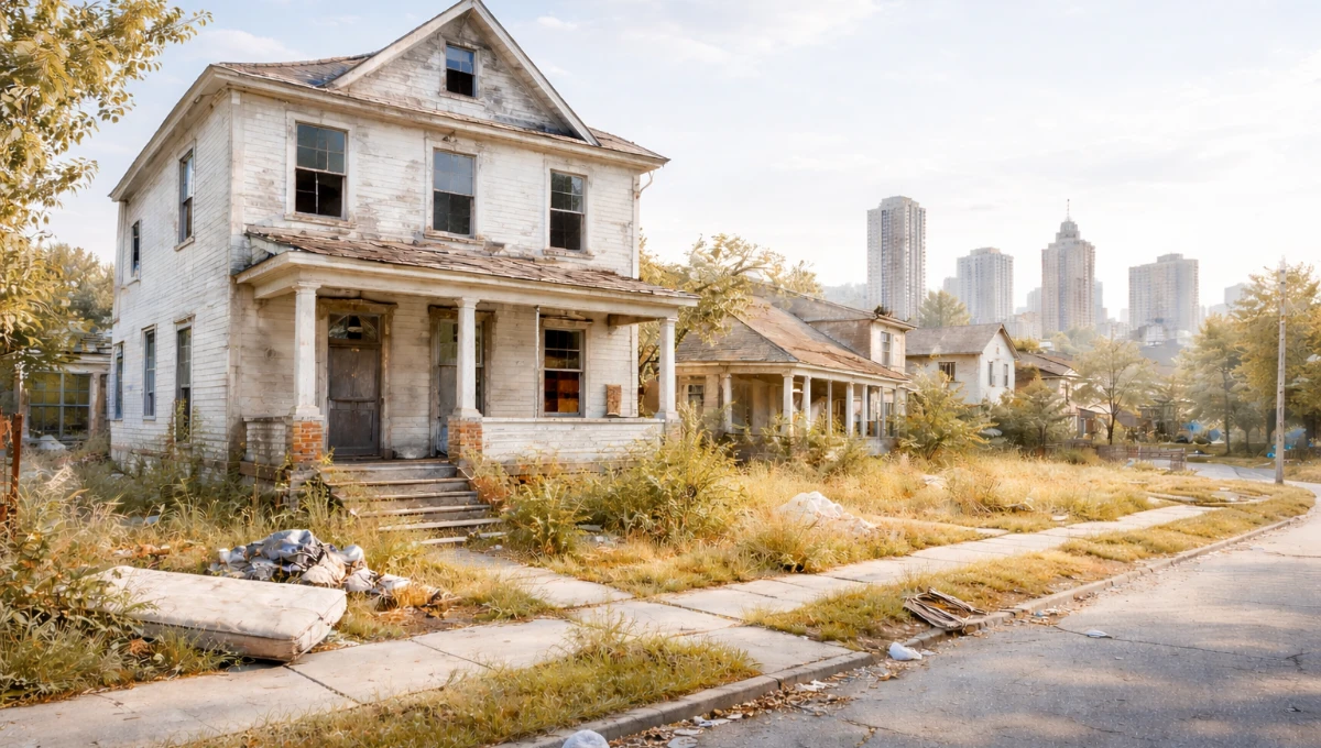 Casas vazias nas cidades em bairro urbano com imóveis abandonados e pouco movimento