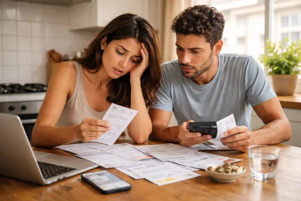 Casal analisando contas e gastos do dia a dia em casa, representando o impacto do aumento do custo de vida em 2026.