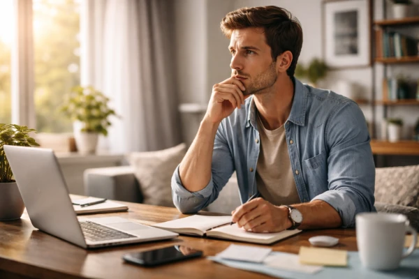 Pessoa refletindo em ambiente claro e organizado, analisando sinais do erro invisível presente na própria vida