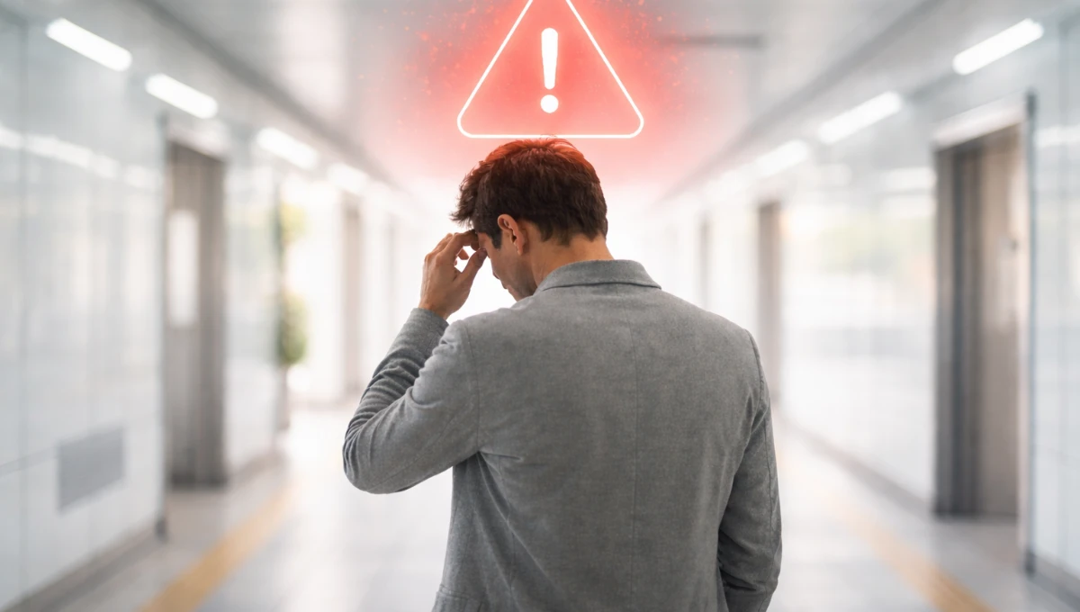 Pessoa caminhando em ambiente claro e moderno, representando o erro invisível que atrasa a vida e dificulta decisões conscientes