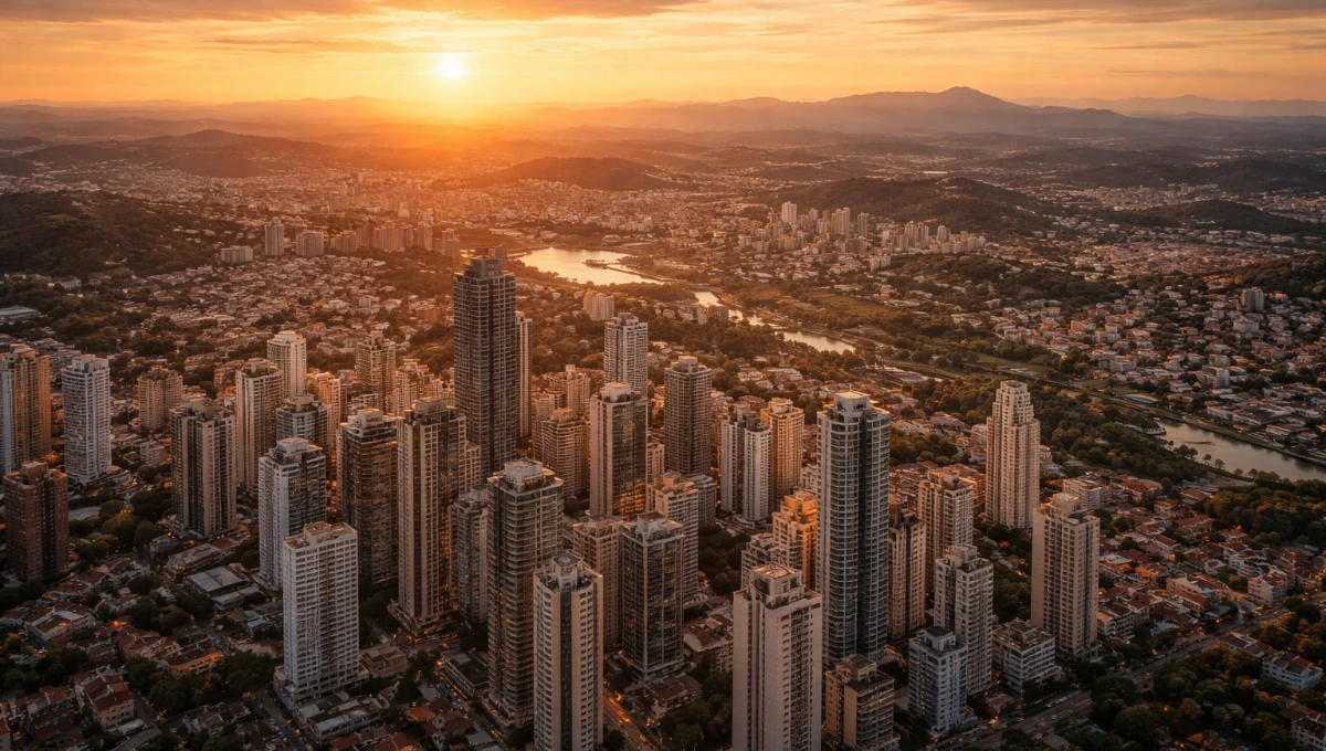 cidades brasileiras em 2026 com skyline urbano ao pôr do sol mostrando contraste entre centro denso e cidades menores ao redor