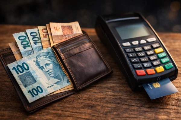 dinheiro físico ao lado de terminal de cartão mostrando comparação de custos