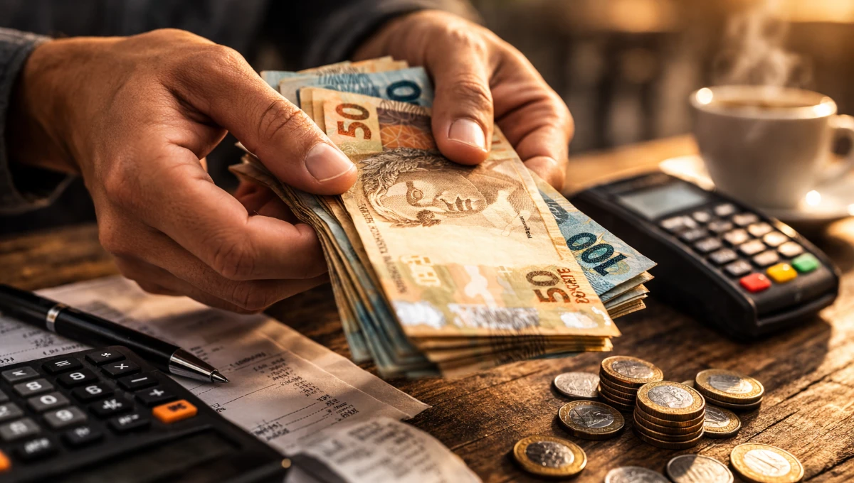 dinheiro vivo em 2026 sendo contado ao lado de calculadora e moedas para controle de gastos