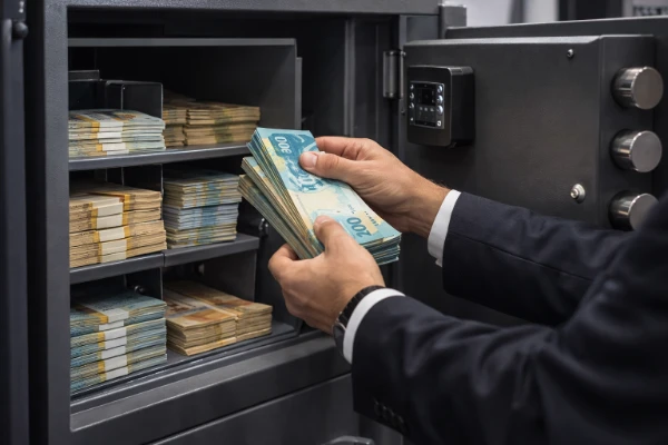 cofre comercial sendo abastecido com cédulas para reduzir risco financeiro
