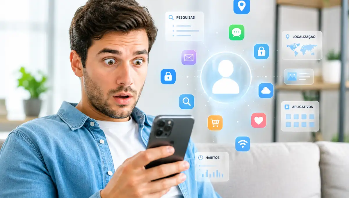 O que seu celular sabe sobre você enquanto homem observa smartphone cercado por ícones de localização, aplicativos e dados pessoais.