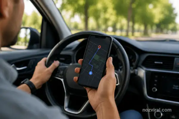 Pessoa segurando smartphone com aplicativo de navegação aberto enquanto dirige por uma rua arborizada.