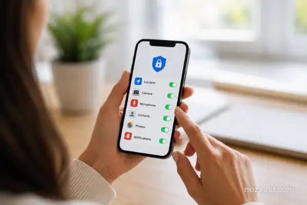 Pessoa segurando smartphone enquanto ajusta as permissões de localização, câmera, microfone, contatos e notificações nas configurações de privacidade.