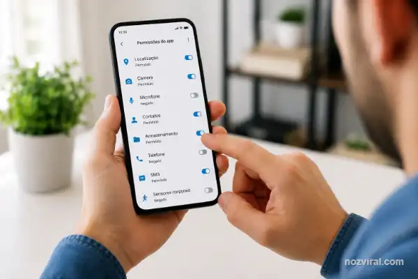 Permissões do celular sendo revisadas por usuário para conceder acesso apenas aos aplicativos realmente necessários.