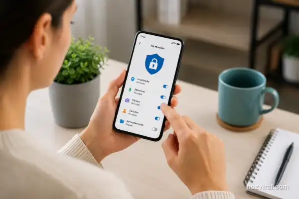 Permissões do celular sendo revisadas por usuária para proteger dados pessoais e aumentar a segurança digital.