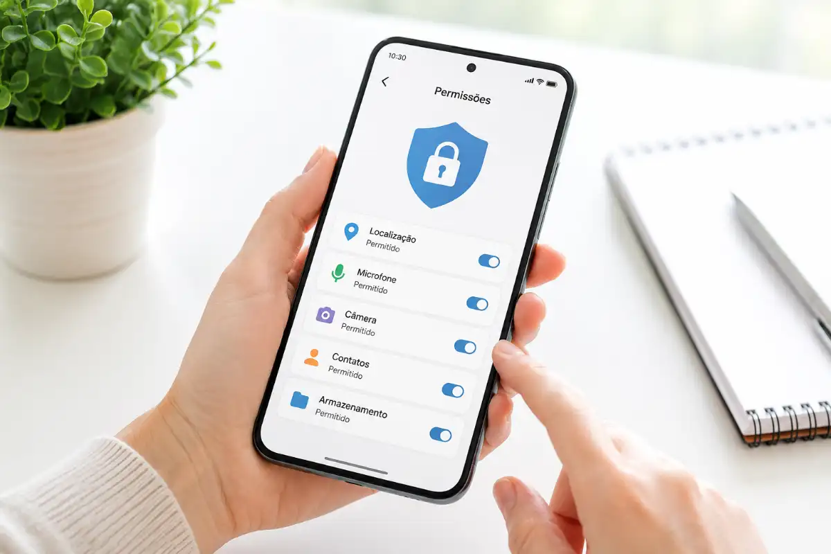 Permissões do celular sendo revisadas em smartphone para proteger dados pessoais e a privacidade digital.
