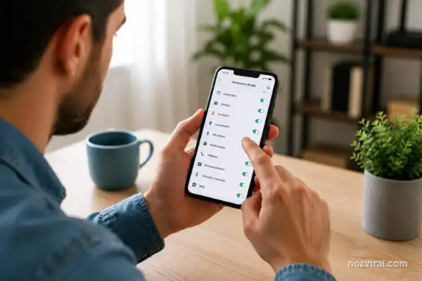 Permissões do celular sendo revisadas por usuário para aumentar a segurança e proteger dados pessoais.