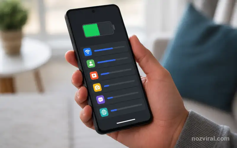 Aplicativos que consomem sua bateria sendo exibidos na tela de um smartphone com o monitor de consumo de energia e aplicativos ativos em segundo plano.