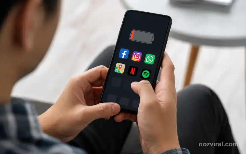 Aplicativos que consomem sua bateria sendo utilizados em um smartphone com redes sociais, GPS e streaming ativos enquanto a carga da bateria está baixa.