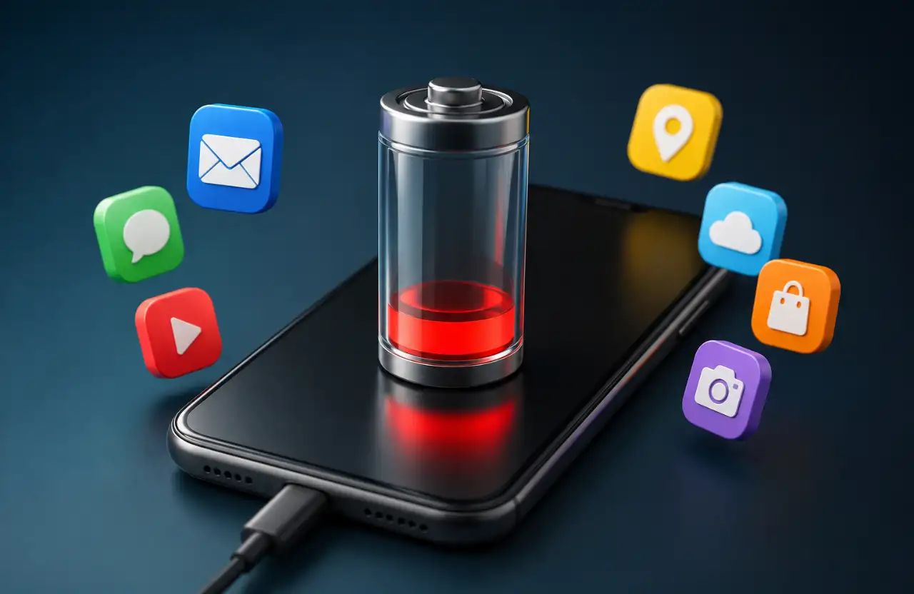 Aplicativos que consomem sua bateria em smartphone com diversos apps funcionando em segundo plano enquanto a carga da bateria diminui.