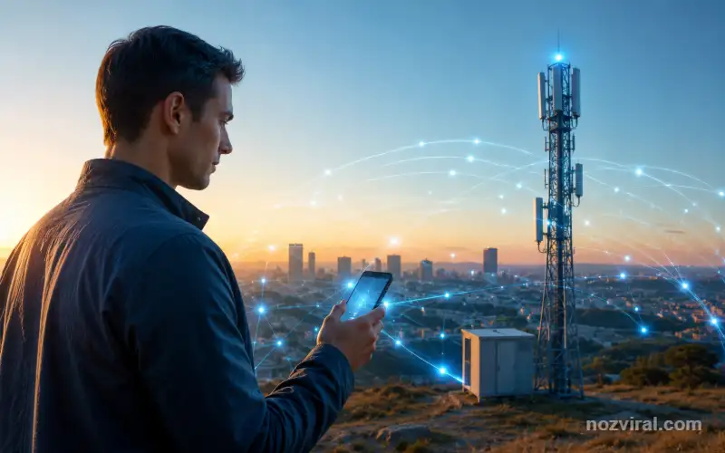 Pessoa usando smartphone com conectividade 5G em uma cidade inteligente.