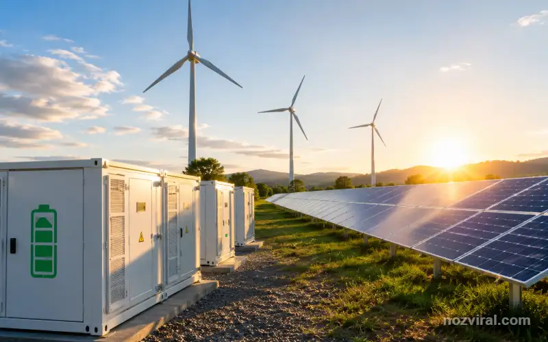 Painéis solares e turbinas eólicas com sistema de armazenamento de energia.