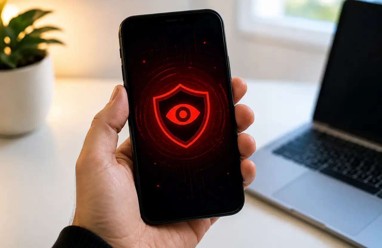 Seu celular está sendo monitorado? Smartphone exibindo alerta de segurança que indica possível espionagem ou monitoramento.