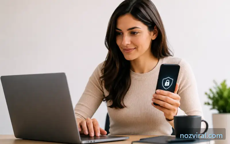 mulher usando notebook e celular para proteger dados em redes Wi-Fi públicas.