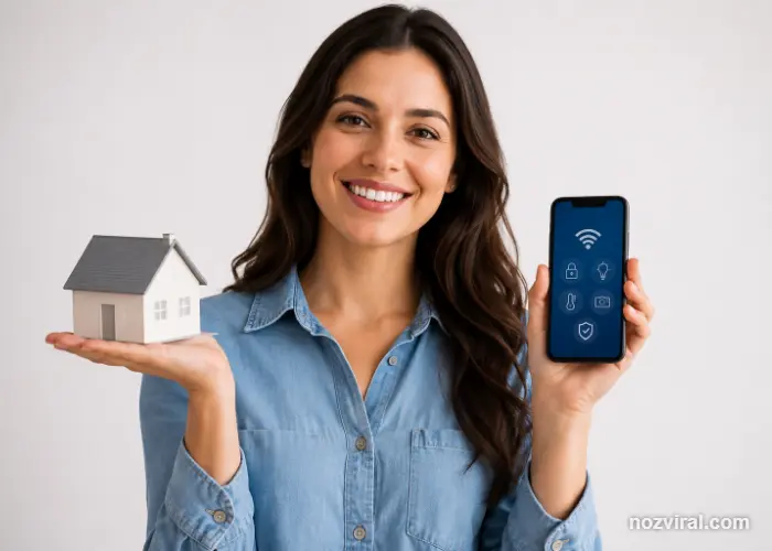 Casa inteligente vale a pena: mulher mostrando casa e controle pelo celular