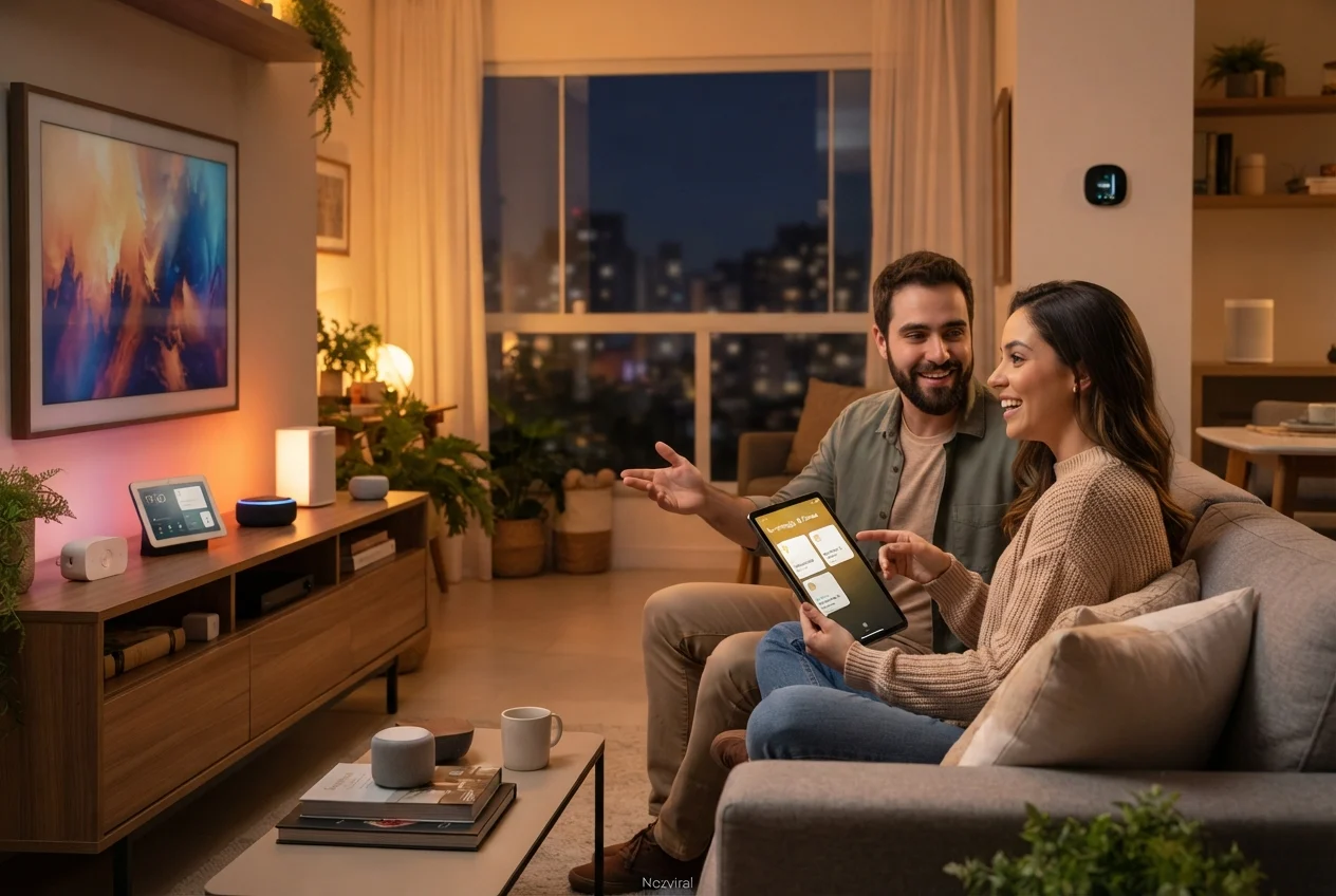 Casa inteligente vale a pena: casal controlando dispositivos pelo tablet