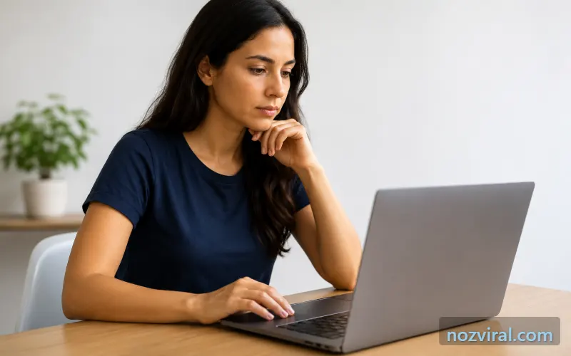 Mulher analisando um notebook sobre a mesa para escolher o processador ideal.