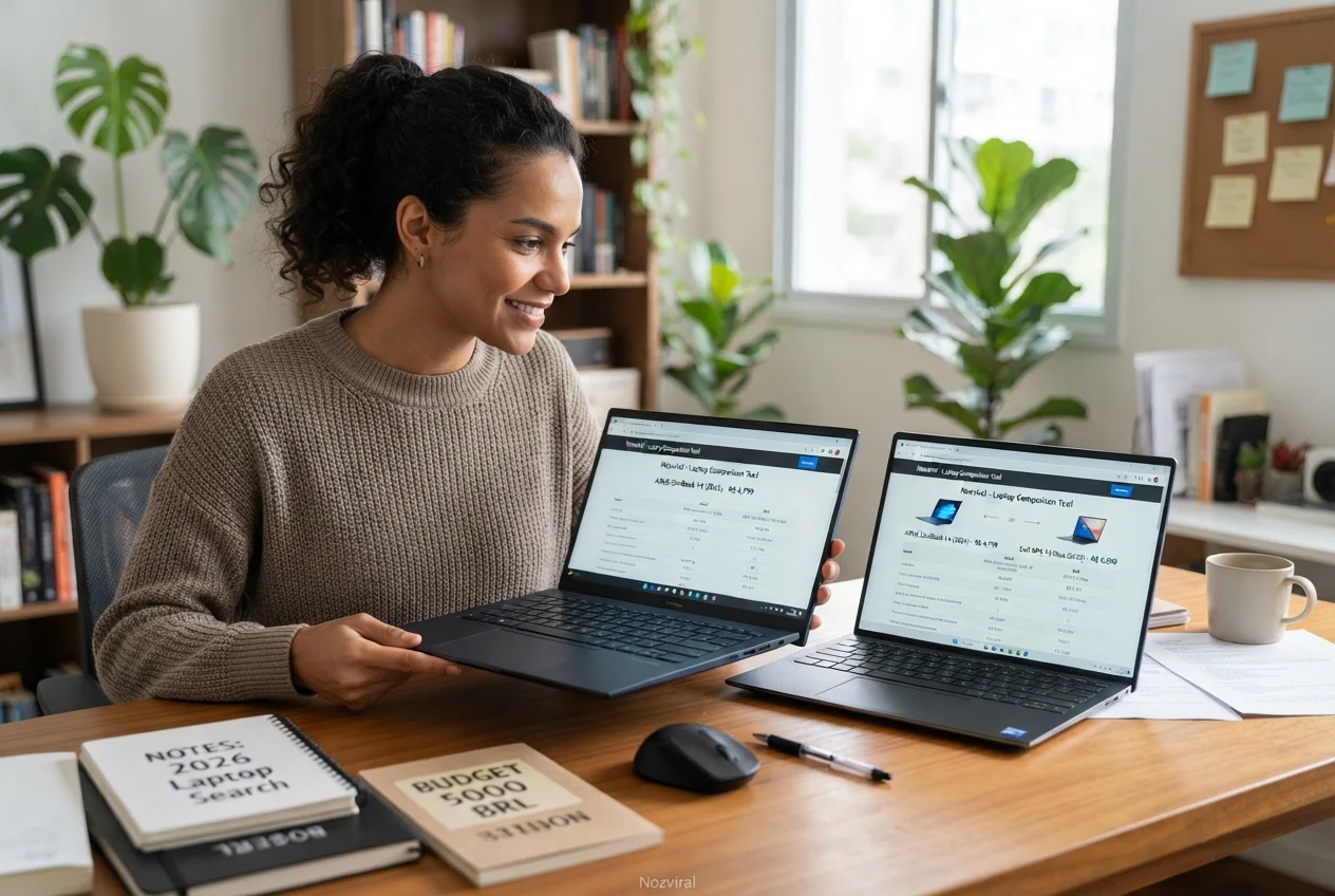 Como escolher um notebook: mulher compara dois modelos abertos sobre uma mesa com livros, mouse e caneca.