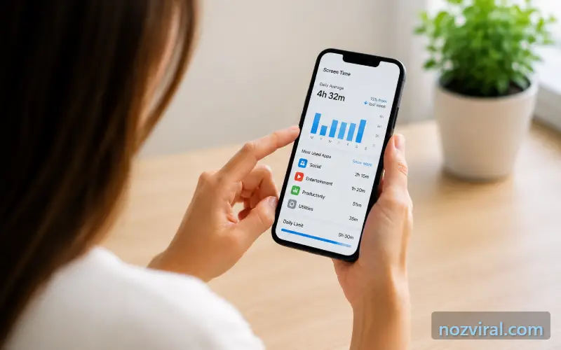 Mulher usando aplicativo no celular para monitorar como reduzir o tempo de tela.