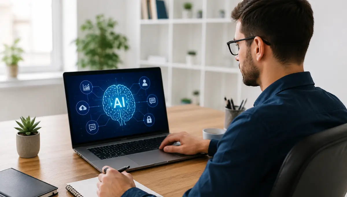 Profissional utilizando um notebook com inteligência artificial para otimizar tarefas em um escritório moderno, mostrando como usar inteligência artificial no trabalho.