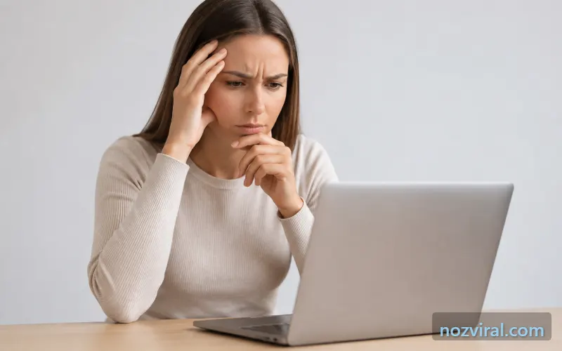 Mulher preocupada analisando um notebook antes da compra para evitar erros na escolha.