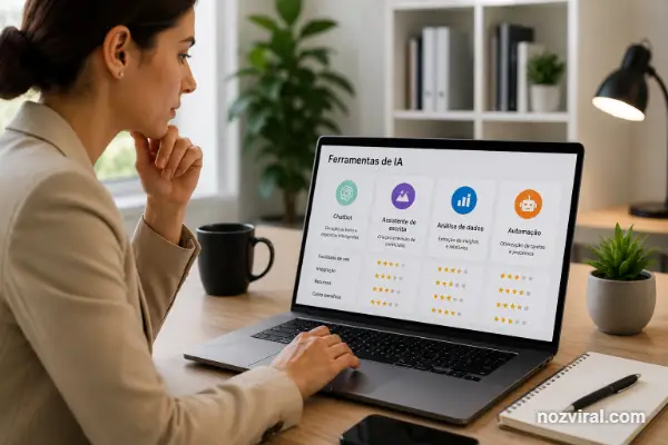 Profissional analisando ferramentas de inteligência artificial em um notebook para escolher soluções que aumentam a produtividade no trabalho.