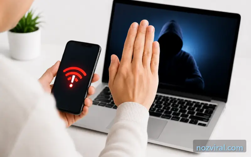 pessoa evitando conexão insegura para proteger dados em redes Wi-Fi públicas.