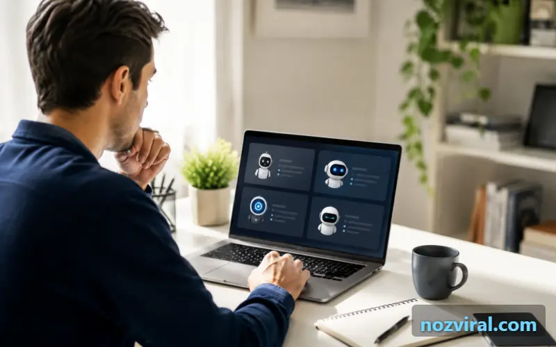Ferramentas de inteligência artificial gratuitas sendo comparadas por usuário em notebook.