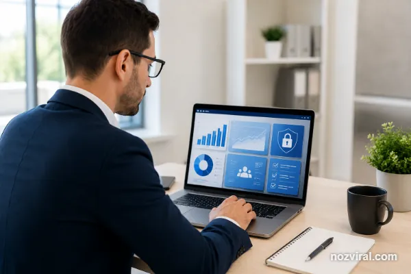 Profissional analisando indicadores de desempenho, segurança e privacidade em um notebook para acompanhar os resultados do uso da inteligência artificial no trabalho.