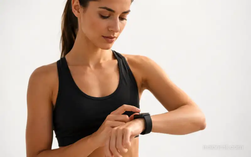 Mulher usando smartwatch com tecnologia que funciona sozinha para acompanhar atividades.
