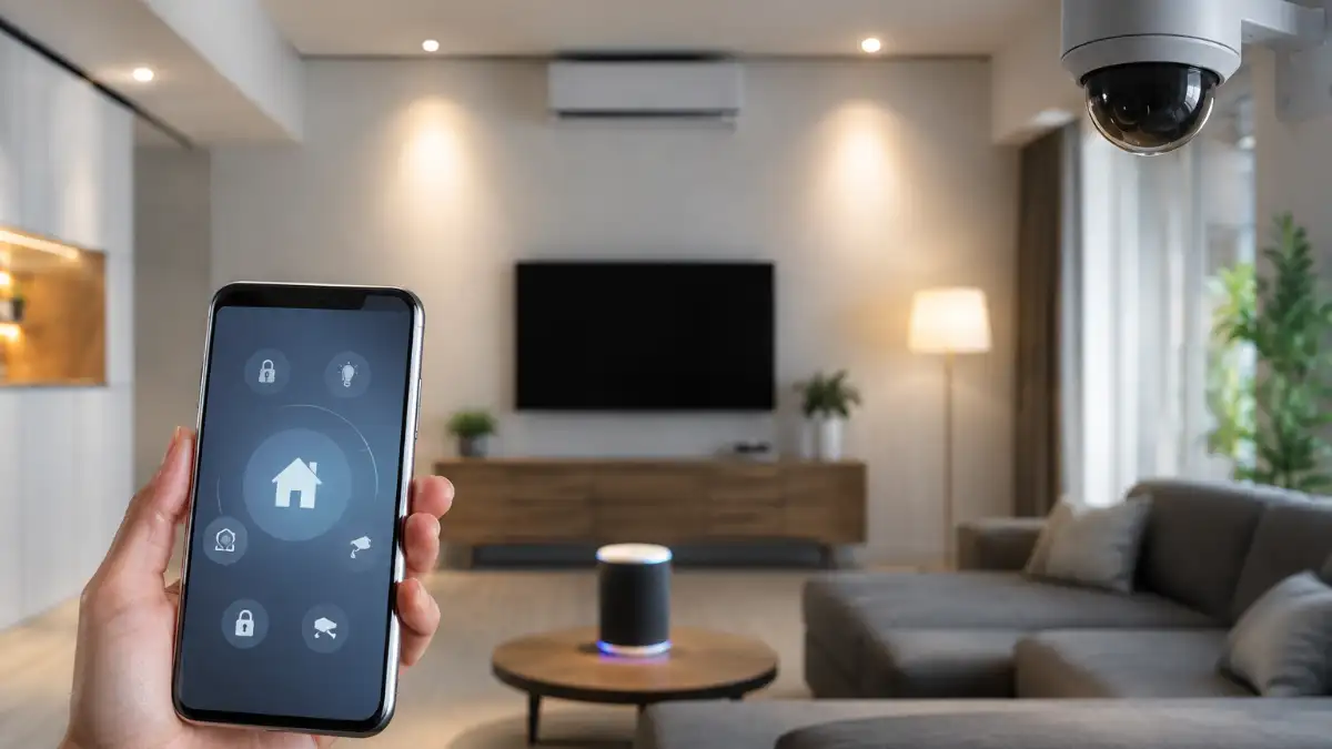 Tecnologia que funciona sozinha em casa inteligente controlada por smartphone.