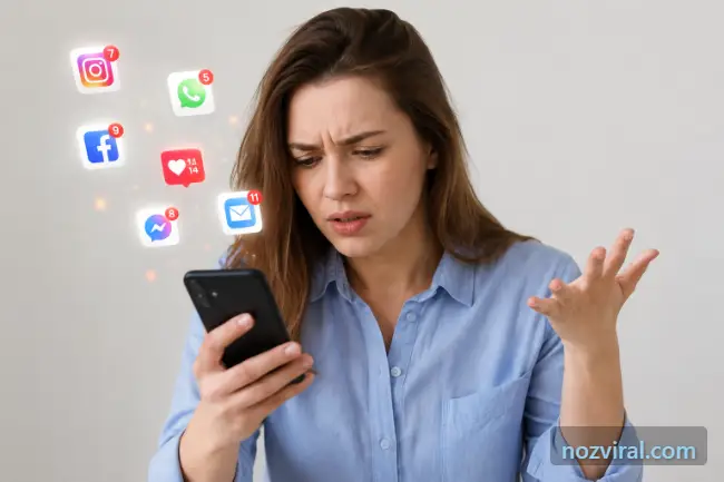 Vício em celular com mulher distraída por notificações e redes sociais no smartphone